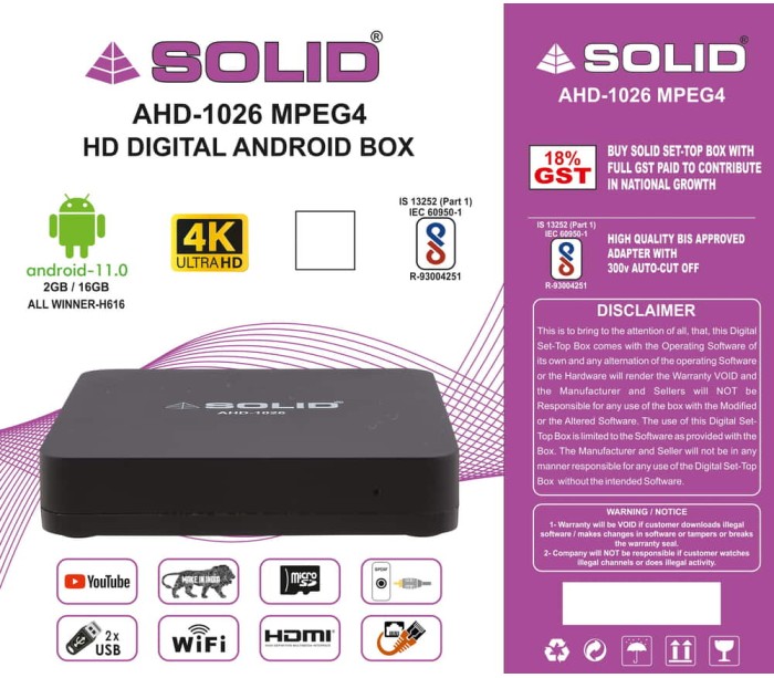 SOLID AHD-1026 Android 10 TV 4K Box with FREE OTT SUBSCRIPTION