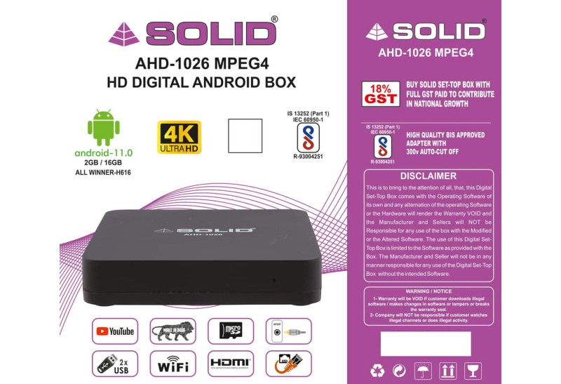 SOLID AHD-1026 Android 10 TV 4K Box with FREE OTT SUBSCRIPTION