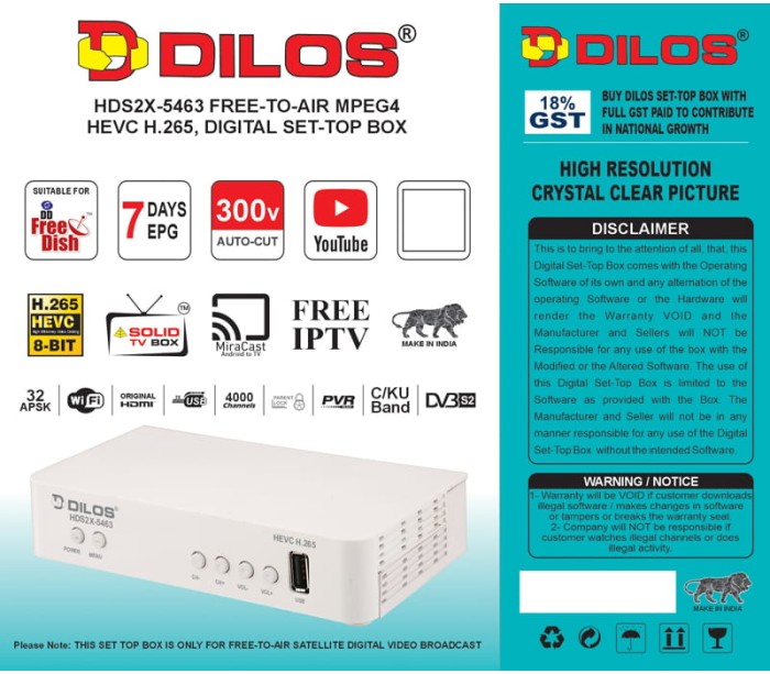  DILOS HDS2X-5463 HEVC 8bits H.265 Free-To-Air Set-Top Box