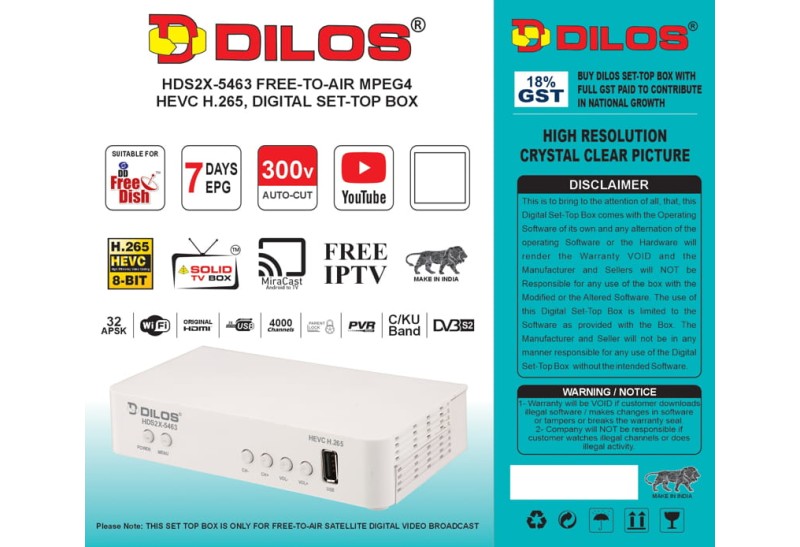  DILOS HDS2X-5463 HEVC 8bits H.265 Free-To-Air Set-Top Box