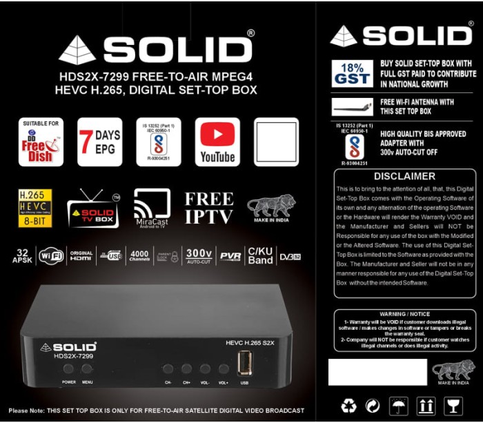  SOLID HDS2X-7299 HEVC 8bits H.265 Free-To-Air Set-Top Box