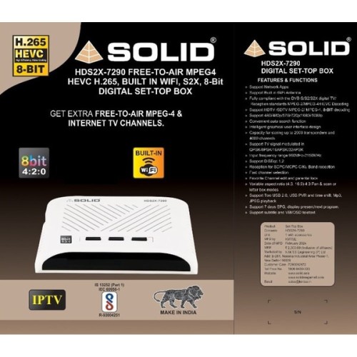  SOLID HDS2X-7290 S2X, HEVC 8bits H.265 Free-To-Air Set-Top Box with Inbuilt Wifi